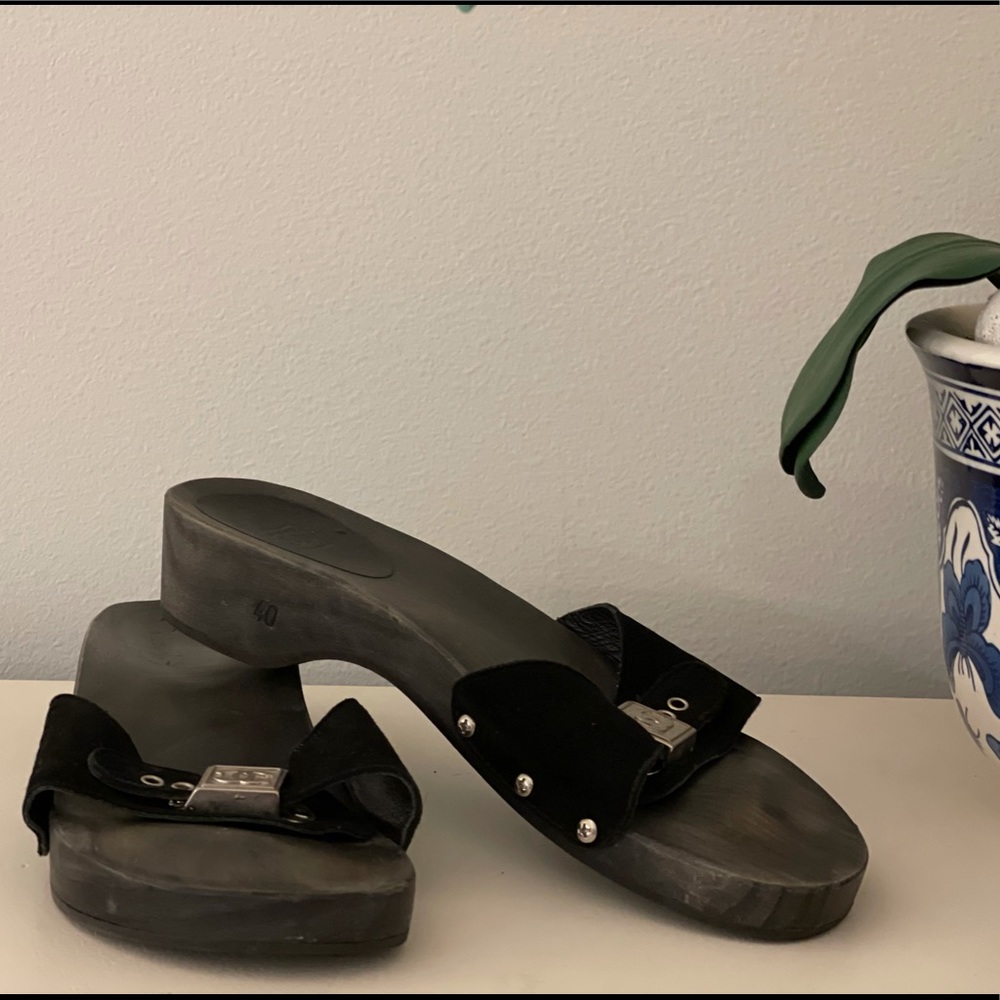 Chanel wood clog slide, suede strap, 40
